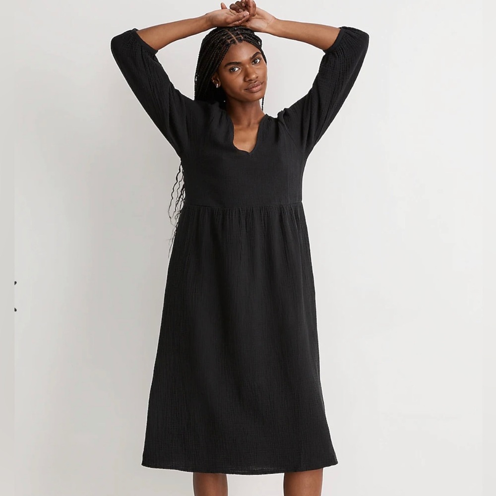Madewell Black Puff Sleeve V-Neck Midi Dress